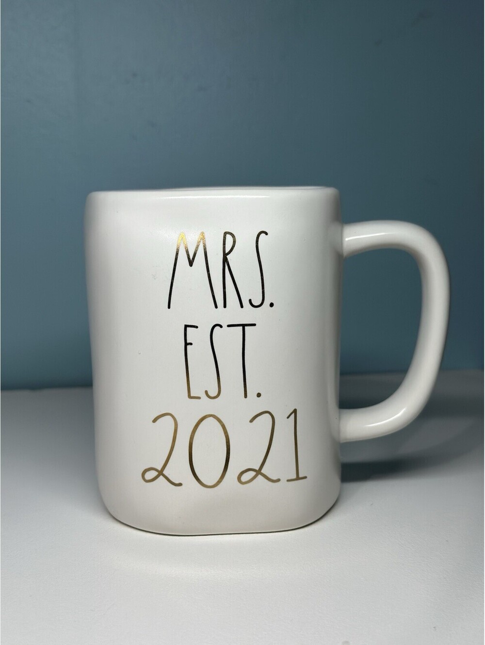 Rae Dunn Mug “Mrs. Est 2021” White Ceramic Coffee Tea Cup Rose Gold Lettering